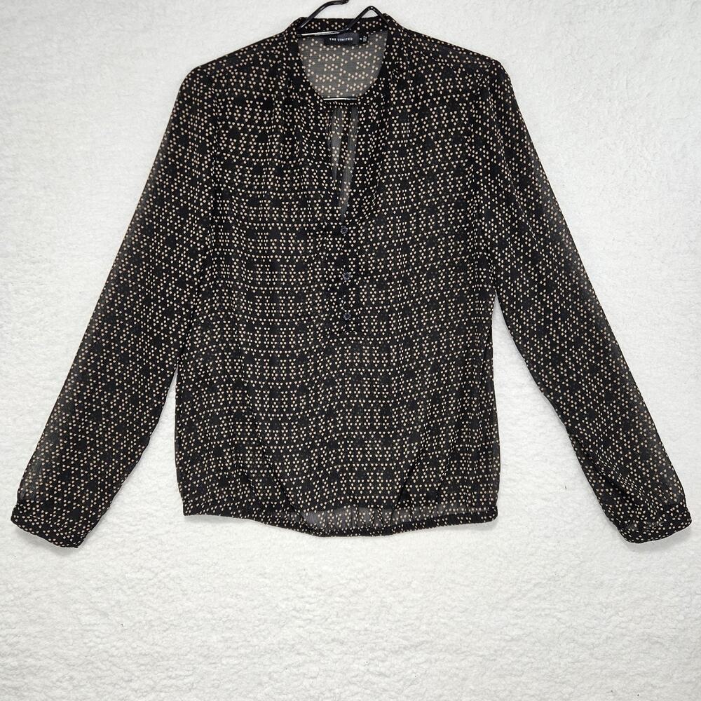 The Limited Sheer Black Geometric Career Long Sleeve V-Neck Blouse Womens Medium